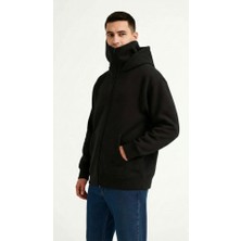 Samuray Ninja Çift Kapüşonlu Zıp Fermuarlı Kanguru Cepli Tam Fermuarlı Hoodie Sweatshirt - Siya