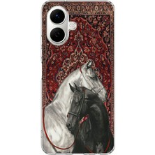 TechTree Infinix Smart 10 Uyumlu Geleneksel Halı Motifli Siyah Beyaz At Baskılı Silikon Kılıf