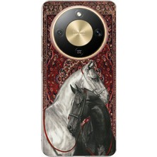 TechTree Honor Magic 8 Lite Uyumlu Geleneksel Halı Motifli Siyah Beyaz At Baskılı Silikon Kılıf