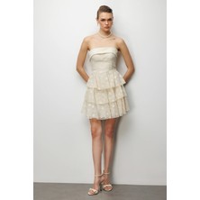 Ekol Kadın Eteği Katlı Mini Straplez Elbise 6022 Sarı