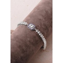 Sümer Telkari Baget Taşlı Mineli Rodyumlu Balık Sırtı 925 Ayar Gümüş Bileklik 4911