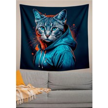 Alamodecor Insan Görünümlü Kedi Model Baskılı Vintage Anime Model Duvar Örtüsü Duvar Halısı