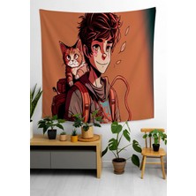 Alamodecor Dünya'yı Gezen Kedili Anime Baskılı Vintage Anime Model Duvar Örtüsü Duvar Halısı
