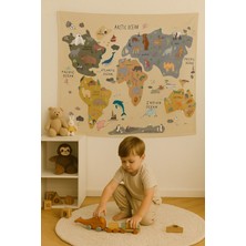 Alamodecor Organik Pamuklu Kumaş Dünya Haritası Duvar Örtüsü Çocuk Odası Hayvanlı Dünya Haritası