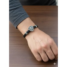 Reggente Aslan Figürlü Pirinç Siyah Hakiki Deri Bileklik