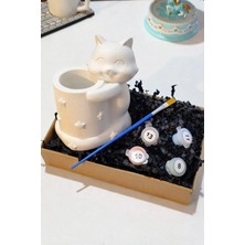 Taş Boyama Seti-Sevimli Kedi-Boya-Fırça- Kalemlik-Biblo- Çok Amaçlı Dekoratif Obje