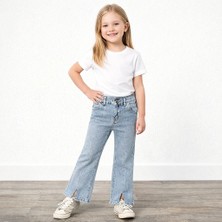 Yiğit Butik Kız Çocuk Trend Model Yırtmaçlı Açık Mavi Kot Pantolon