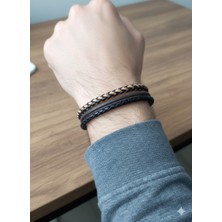 Reggente Kahverengi Siyah Örgü Deri Bileklik