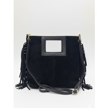 Sahara Siyah - Kenarları Püsküllü Pencere Detaylı Süet Çanta