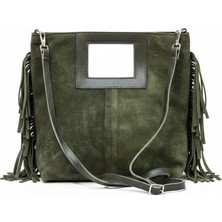 Sahara Yeşil - Kenarları Püsküllü Pencere Detaylı Süet Çanta