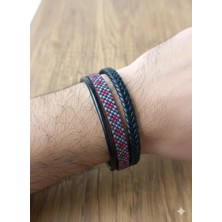 Reggente Etnik Desen Dokuma Siyah Kırmızı Hakiki Deri Bileklik
