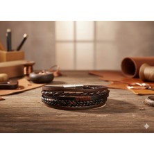 Lia Charm Hakiki Deri El Yapımı Çok Katmanlı Erkek Bileklik - Kahverengi & Siyah Örgü Tasarım