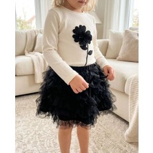 Mutlu Bebe %100 Pamuk Kız Çocuk Çiçek Aplikeli Bluz ve Tütü Etek Takım Uzun Kollu Şık Bayramlık Kombin