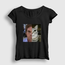 Presmono Kadın Siyah Dexter Morgan Kedi Kedili Cat T-Shirt