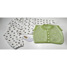 vitvit 2-3 Yaş El Örgüsü Yeşil-Beyaz Yelek, Pijama Takımı ve Babet Çorap