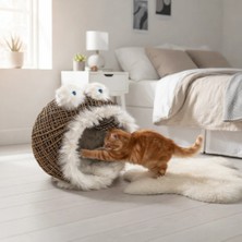 Seçilir Hasır Örgü Kedi Evi Dekoratif (45X45 Cm) - Çıkarılabilir Peluş Minderli ve Tırmalama Alanıl Model 01