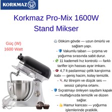 Korkmaz Pro-Mix 1600W Stand Mikser – 4,7 Lt Paslanmaz Çelik Kase, Döküm Gövde ve 11 Kademeli Hız Ayarı, Siyah Satin