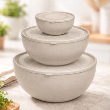Melkan Home 3'lü Kapaklı Yuvarlak Saklama Kabı Seti 0,6L + 2,5L + 4L – BPA Free, İçiçe Geçmeli, Mikrodalga Uyumlu