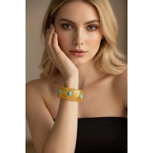 Caş Dekorasyon Kahverengi ve Mavi Renk Taşlı Kalın Kemik Mika Bileklik