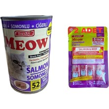 Meow Tahılsız Somonlu Ciğerli Pate Kedi Konserve 400G, 2 Adet Somonlu ve Sığır Etli Krema Ödül Mama