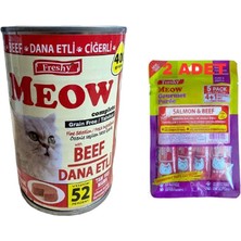 Meow Tahılsız Dana Etli Ciğerli Pate Kedi Konserve 400G, 2 Adetsomonlu ve Biftekli Krema Kedi Ödülü