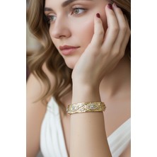 Caş Dekorasyon Altın Renk Göz Model Taşlı Çelik Kelepçe Bileklik