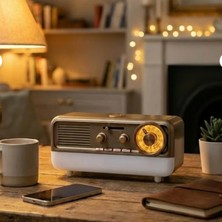 Dexxony Nostaljik Radyo Bluetooth Hoparlör Gece Lambalı Ambians Işıklı Retro Bakır 23 cm