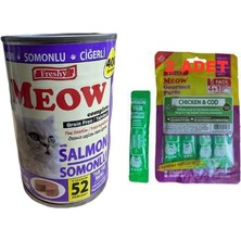 Meow Tahılsız Somonlu Ciğerli Pate Kedi Konserve 400G, 2 Adet Tavuklu ve Morina Balıklı Krema Kedi Ödülü