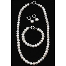 Taşmir Sertifikalı Inci Doğal Taş Kolye Bileklik Küpe Set Paslanmaz Çelik Gemici Kilit