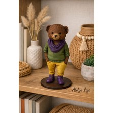 Dekoratif Ayı Biblo El Boyaması Vintage Tasarım Masaüstü Raf Süs Objesi 15 cm