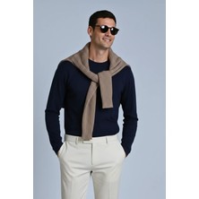 Guaraz Erkek Relax Fit Lacivert Rahat Kesim %100 Pamuk Uzun Kollu Bisiklet Yaka Basic Tişört