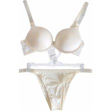 Zi Ekru Double Push Up Balenli Taşlı Sütyen Külot Takımı