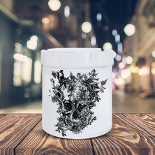 Asilmeydan Siyah Beyaz Çiçekli Kurukafa Baskılı Küllük Kül Tablası -9995