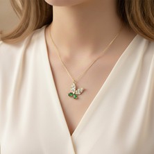 Vaoov 925 Ayar Gümüş Fuşya Damla ve Baget Taşlı Kelebek Kolye