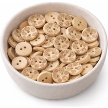 İğne İzi 15 mm Çiçek Desenli Ahşap Düğme 50 Adet – 2 Delikli Doğal Renk Hobi & El Işi Için