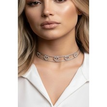 Caş Dekorasyon Gümüş Renk Kalpli Taşlı Choker Kolye
