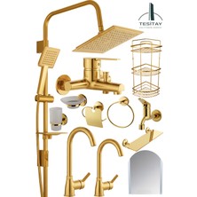 Tesitay Lüks Mutfak Lavabo Banyo Bataryası Robot Duş Seti Aynalı Aksesuar Takımı Gold Renk