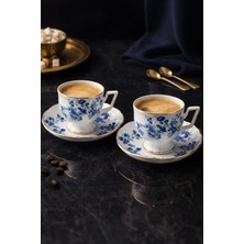 Ogeda Home Mien 2 Kişilik Kahve Fincanı Takımı-Mavi Çiçek Desenli Gold Detaylı Porselen Fincan Seti