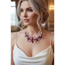 Caş Dekorasyon Gümüş Renk Kırmızı Taş Detaylı Tasarım Abiye Kolye