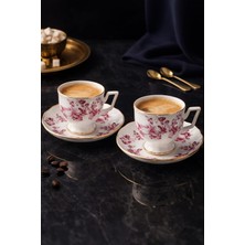 Ogeda Home Mien 2 Kişilik Kahve Fincanı Takımı-Pembe Çiçek Desenli Gold Detaylı Porselen Fincan Seti