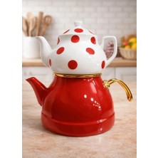 Skygo Gold Detaylı Üstü Porselen Altı Emaye  Ikili Demlik Takımı