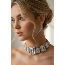 Caş Dekorasyon Gümüş Renk Taşlı Abiye Kolye