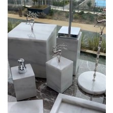 Ege Gross Dekoratif Beyaz Mermer Düz Kare Sılver Geyık Detaylı 7 Li Banyo Seti Takımı