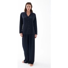 Veralya Moda Kadın Lacivert Oversize Saten Pijama Takımı – Rahat Kesim Şık Ev Giyim Seti