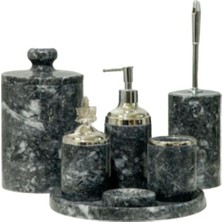 Ege Gross Dekoratif Koyu Gri Mermer Gümüş Yaprak Detaylı 7 Li Banyo Seti Takımı