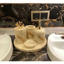 Ege Gross Perla- Doğal Bej Mermer Banyo Seti- 5 Parça- Gold Yaprak Detaylı