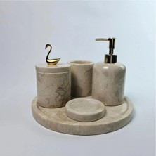 Ege Gross Dekoratif Doğal Bej Mermer Aksesuar Detaylı 5 Li Mermer Banyo Seti /mermer Banyo Takımı