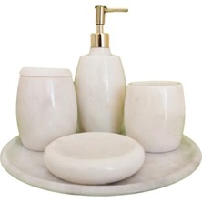 Ege Gross Dekoratif Beyaz Mermer Banyo Seti Takımı 5 Li Gold Detaylı