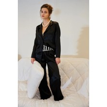 Veralya Moda Kadın Siyah Oversize Saten Pijama Takımı – Rahat Kesim Şık Ev Giyim Seti