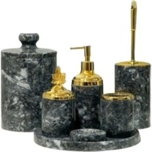 Ege Gross Dekoratif Koyu Gri Mermer Gold Yaprak Detaylı 7 Li Banyo Seti Takımı